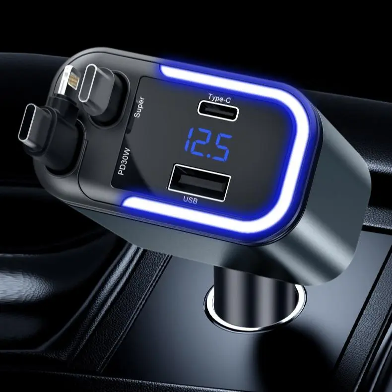 4-in-1 Retractable  Car Adapter - Dual USB Car Charger, Wireless Radio Kit, MP3 Player with TF Card/USB Disk Support, 87.5-108 Adjustable Frequency, 7-Color LED Backlit, Compatible with iPhone 15/15 Pro Max/14/13/12/11 summerwins,summerwins