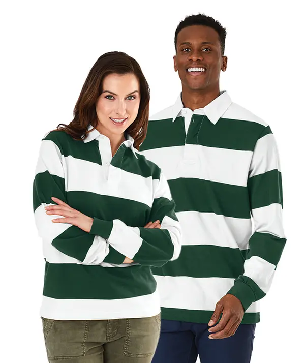 Charles River Apparel Men's Classic Yarn-Dye Striped Collared Neck Rugby Shirt - 100% Cotton Jersey Knit Fabric, Long Sleeve Sporty Casual Menswear Top, Soft Texture, Fitted Cut, Buttons, Knitwear Clothes, Durable Design, Cuff Sleeve
