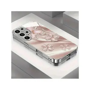 Creative Pink Silk Four-Leaf Clover Pattern New Electroplated Silver Phone Case For Samsung Galaxy S25/S24/S23/S22/S21/S20/Note 20/A11/A12/A13/A14/A15/A20/A21s/A22/A23/A24/A25/A31/A32/A33/A42/A34/A50/A51/A52/A53/A54/A55/A70/A71/A72/A73