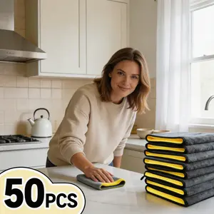 50 pcs Tableware Coral Fleece Double-Sided Cleaning Cloth High Density Super Absorbent Kitchen Lint-Free Towel for Home & Commercial Use - Thick, Cutlery