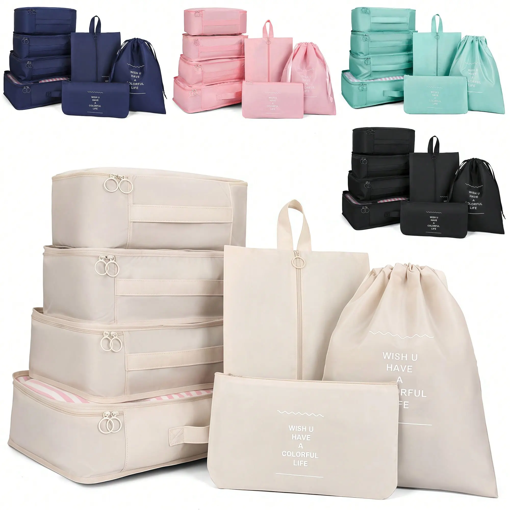 %7-Piece Travel Luggage Sorting Set Large Capacity Zipper Storage Bags for Clothing Cosmetics Shoes & Bottles Organized Travel Handbag Mesh Bag travel essentials vacuum bags for travel,summervibes save space packing cube