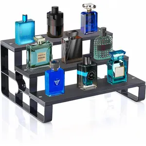 Wood Perfume Organizer for Dresser,3 Tier Black Cologne Stand,Cologne Organizer for Men,Wooden Display Risers Stand for Bathroom,Makeup,Cupcake,Bedroom Decor(Black,Width=11.2")
