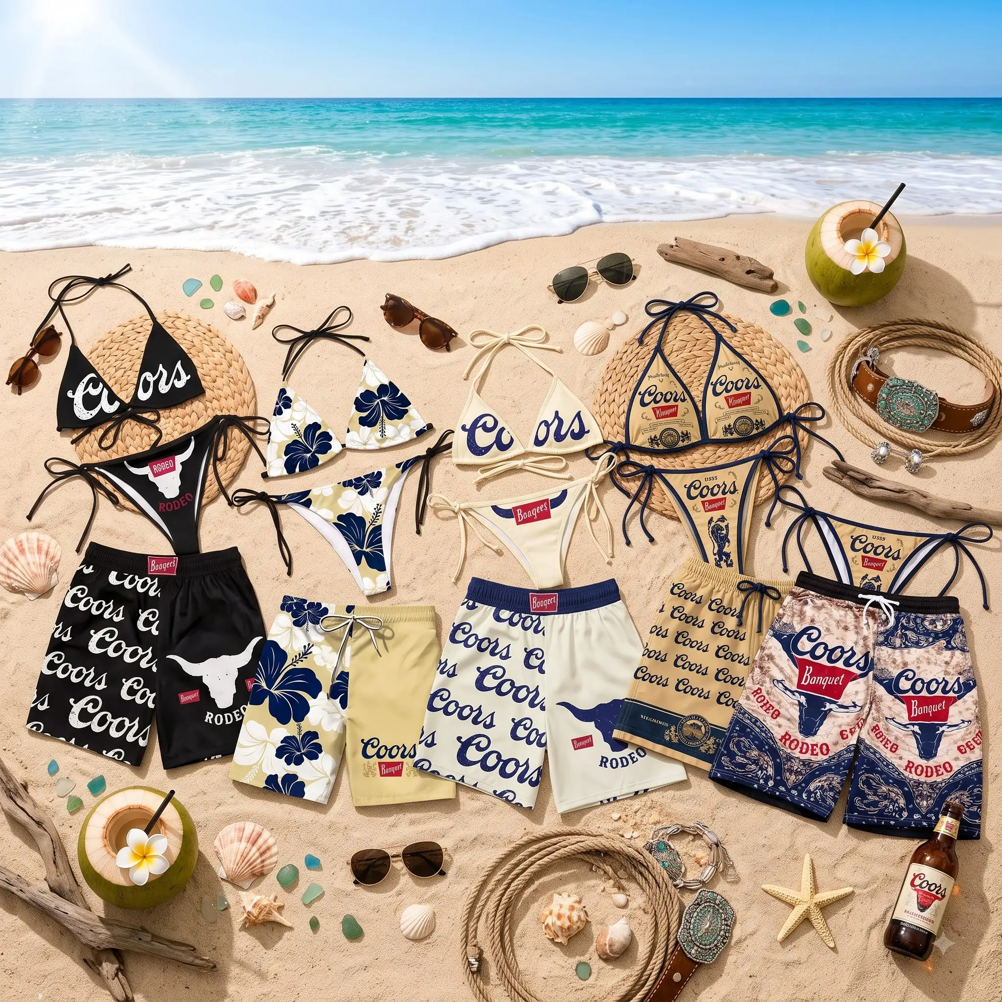 Coors Banquet Rodeo Western Matching Bikini and Hawaiian Shorts Set, Beer Graphic String Bikini for Women and Quick Dry Swim Trunks for Men, Cowboy Couple Swimwear, Stylish Summer Beach Pool Vacation Outfit
