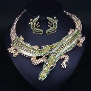 2 Pieces Vintage Crocodile Necklace and Earrings Set for Women, Handmade Birthday Wedding Gift, Bohemian Safari Style Accessories
