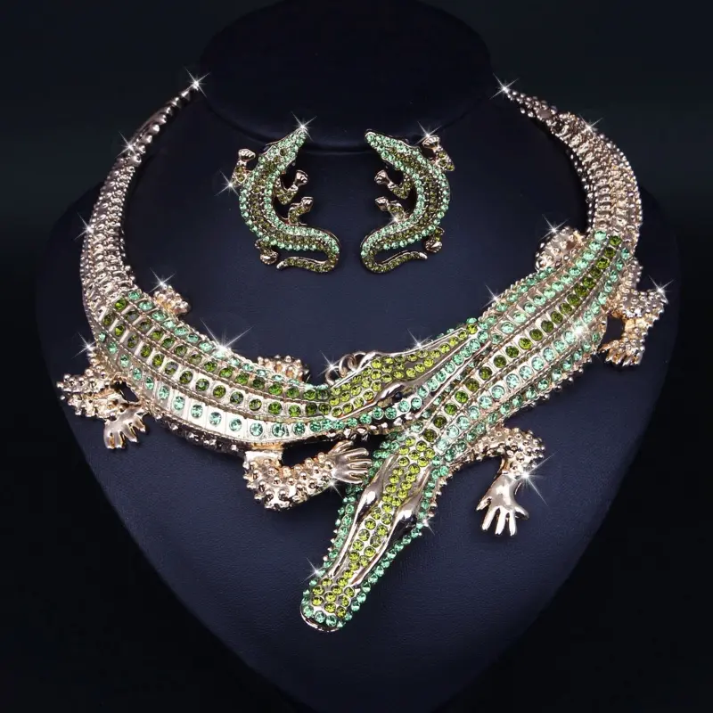 Women's 2-Piece Vintage Crocodile Jewelry Set - Handmade Necklace & Earrings, Bohemian Safari Style, Birthday Wedding Gift Accessory, Vintage Jewelry Set, Handmade Craftsmanship, Everyday, Female, Party, Rhinestones