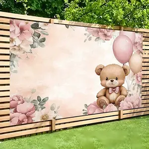 1pc 2D Flat Banner One Piece Cute Teddy Bear Pink Flower Balloon Dreamy Floral Background Cloth Party Banner Romantic Baby Christening Birthday Girl Room Decor Photography Studio JG Photography Backgro Ornaments Wedding White