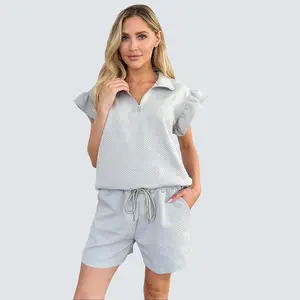 Double Take Lounge Set Flounce Sleeve Top & Drawstring Shorts, Soft Stretchy Spandex Fleece for Comfy Chic Loungewear Everyday Style
