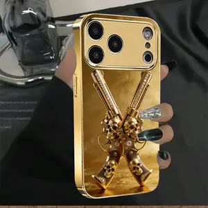 New Electroplated Glass Phone Case, Gold Diamond Skull Revolver Pattern Phone Case, Suitable for iPhone 17/16/15/14/13/12/11 Full Coverage Anti-drop Phone Case, Anti-drop Anti-slip Phone Case
