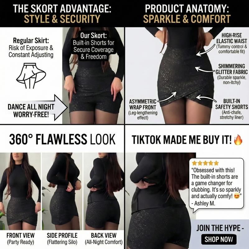 ChicCurve Women's Black Glitter Skort High Waisted Ruched Mini Skirt with Built-in Shorts 100% Polyester Durable Easy Care