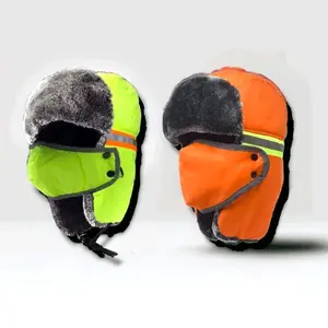 High Visibility Ushanka Trapper Hat Classic Russian Winter Cap with Reflective Elements Warm Fleece Lining Neon Color Faux Fur Lining One Size Fits Most Safety Work Gloves