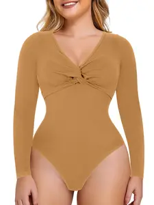 Women's Solid Twist Front V Neck Long Sleeve Shapewear Bodysuit, Casual Comfy High Stretch Snap Buttons Closure Crotch Shaper for Daily Wear, Ladies Shapewear Underwear for All Seasons