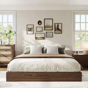 Queen Size Wood Platform Bed Frame,Wooden Bed Frame Without Headboard,Floor-Standing Bed Frame,Wood Slat Support,No Box Spring Needed,Easy Assembly,Walnut Wood
