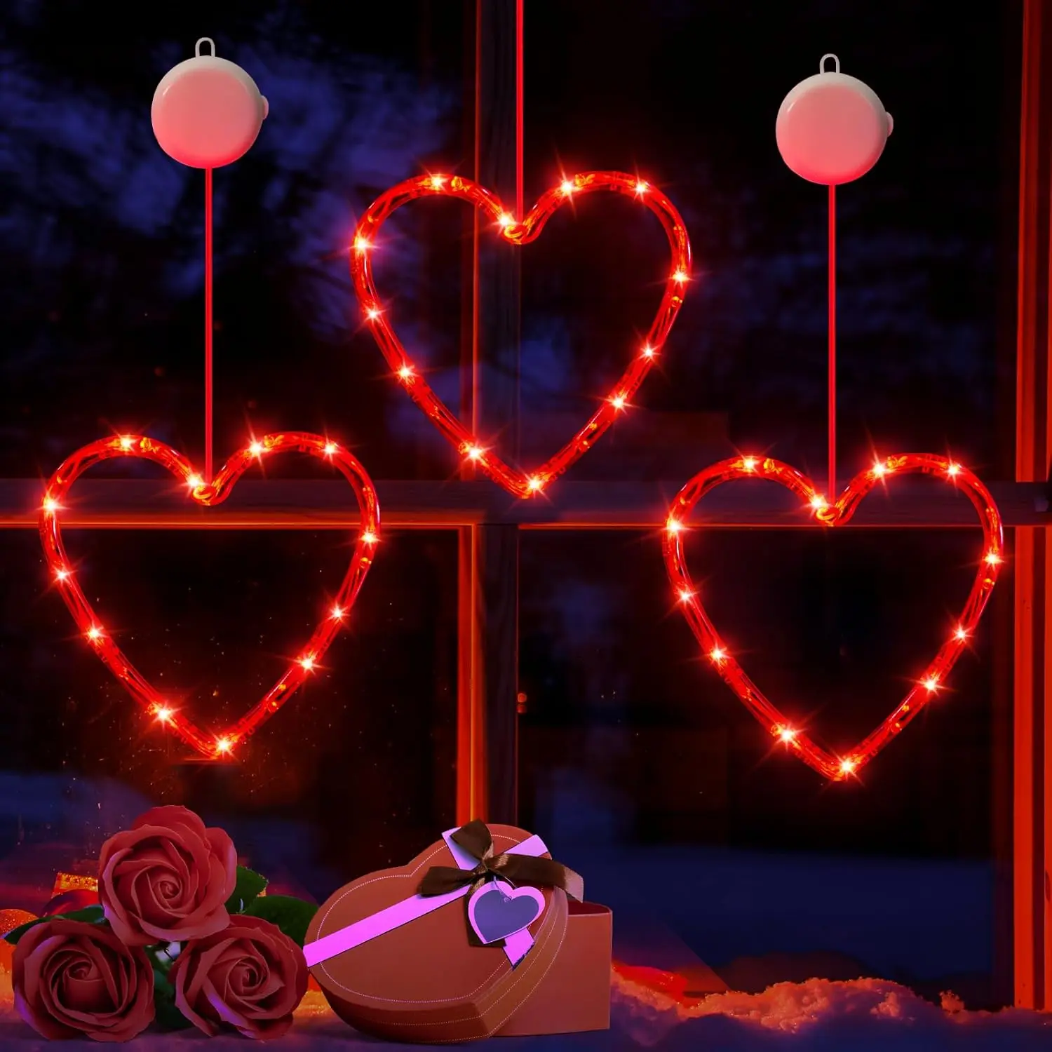 3 Pack Valentines Day Window Lights Decorations with Timer, Battery Powered Hanging Red Lighted Heart Shaped Silhouette Sucker LED Lamp for 2025 Holiday Fireplace Indoor Home Decor, holiday window lights decorations