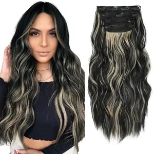 Clip in Curly Hair Extensions 4PCS Long Wavy Synthetic Thick Hairpieces with Fiber Double Weft for Women Hair Full Head