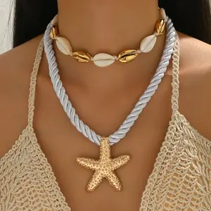 Gold Starfish Necklace for Women, Double Layer Cowrie Shell Choker Set, Beach Resort Silky Twisted Rope Cord Chunky Statement Coastal Sea Life Summer Jewelry Gift