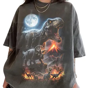 Vintage T Rex Dinosaur Moon Volcano Shirt, Jurassic Prehistoric Dino Art Graphic Tee, Triceratops Raptor Night Fire Scene Shirt, Gift for Men Women, Crew Neck T-shirt, Trending T-shirt