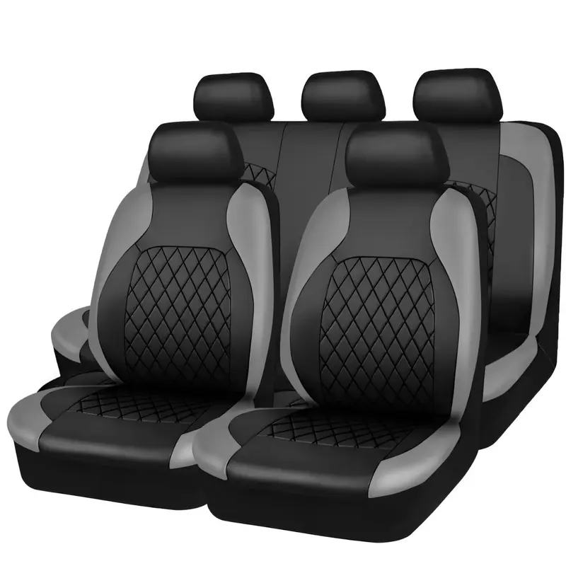 Universal for 5 Seats Full Set,Luxurious PU Leather Front and Rear Bench Back Seat Cover with 3mm Composite Sponge Inside for Cars, SUV, Trucks (Grey)