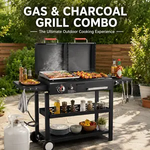 [SummerVibes] BESTFIRE Dual Fuel Propane Gas and Charcoal Grill Combo – Versatile Flat Top BBQ Grill with Dual Lids, 2 Side Shelves & Free BBQ Gloves for Outdoor Cooking, Backyard Party & Home Grilling tiktokshopspringglowup barbecue High Pressure