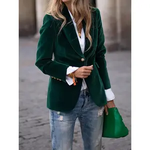 Elegant Women's Green Blazer - Chic Retro Single-Breasted Jacket with Golden Buttons, Long Sleeves, and Stretchy Polyester Blend for All Seasons, Versatile Women's Blazer |     Retro Chic Jacket |     Stretchy Blazer collar blazer Womenswear Coats Tops Co