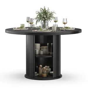 43" Round Dining Table for 4 People, Small Wood Kitchen Table with Sturdy Metal Base, Modern Round Dinner Table for Dining Room, Easy Assembly, Black