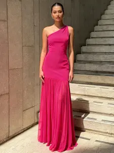 Sexy Rose Pink Asymmetric One-Shoulder Sheer Mesh Panel Dress. Slim Solid Color Minimalist Draped Backless Sleeveless Midi Dress. Retro Elegant Women's Resort Style Party Dress.