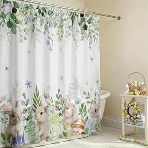 2D Flat 1Pc Spring Easter Bunny Shower Curtains for Bathroom Watercolor Floral Cute Rabbits Waterproof Fabric Curtain Set Decor with 12 Hooks 71x71 Inches