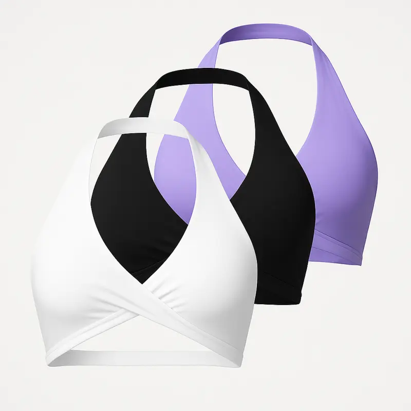 Women's Plain Halter Neck Wirefree Workout Sports Bra - Strappy, Backless Nylon Yoga Crop Top with Removable Pads, Plus Size 4-Way Breathable, Stays Put, Cold Wash Compatible, Female Backless Gym Activewear for Yoga, Running