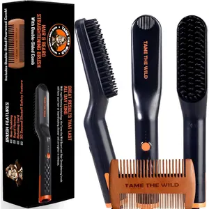 Beard Brush and Straightener - Ionic Heated Comb with 3 Temperature Settings - Wooden Comb for Grooming - Anti-Scald Safety - Suitable for All Hair Types Smooth Adjustable