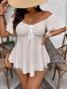 Large Size Casual Holiday Spring/Summer Seaside Bohemian Style Embroidered Striped Sleeveless Tie-Up Colorful T-Shirt Top