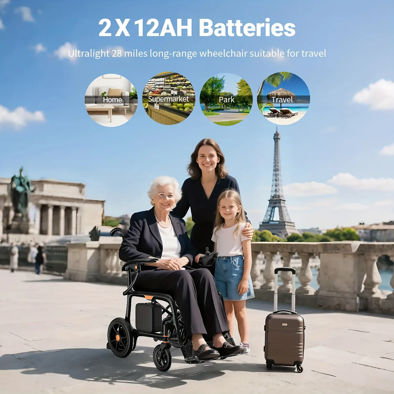 100% Carbon Fiber 28lbs Ultra-Light No-Assembly Electric Wheelchair Foldable Dual Batteries 28-Mile Range All-Terrain Use Air Travel Approved