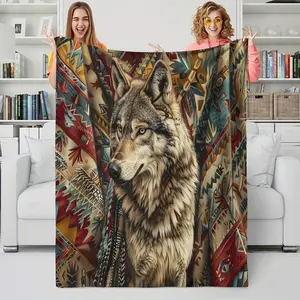 Gift Blanket For Brother Vintage Indian Totem Wolf Soft Blanket Flannel Blanket For Couch Sofa Office Bed Camping Travel, Multi-purpose Gift Blanket For All Season