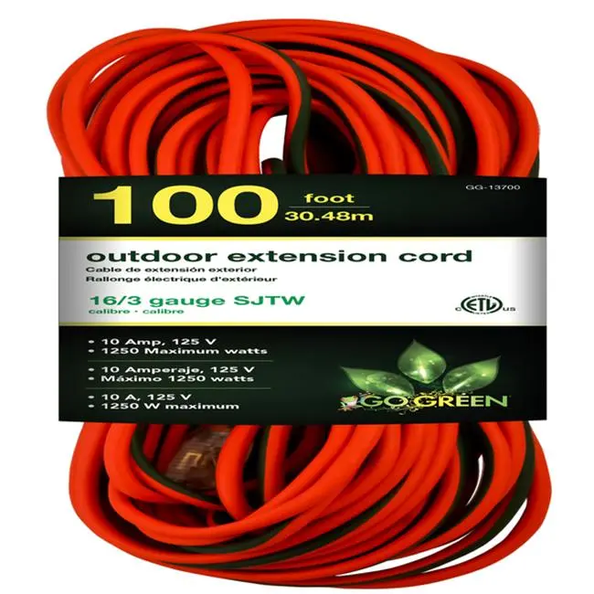 Go Green Power 100 ft. Heavy Duty 16/3 SJTW Extension Cord, Lighted End, Weather-Resistant, Sunlight Resistant for Outdoor & Garage DIY Projects, 16/3 Gauge, Lighted Plug, Molded Ends, Outdoor Work