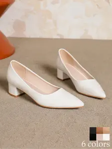 Women's Pointed Toe Chunky Heel Shoes, Classic Plain Color Slip-On, Comfortable All Season Footwear for Work Wedding Commuting