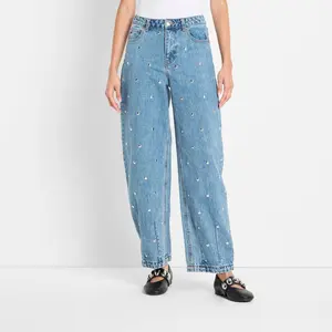 Women's Mid-Rise Studded Barrel Leg Jeans - Future Collective