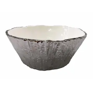 212 MAIN 10.5 in. Round Wood-Inspired Botanic Porcelain Tree Bark Bowl - Silver Metal Accents, Dishwasher-Safe, Stainproof Kitchen Serving Tableware