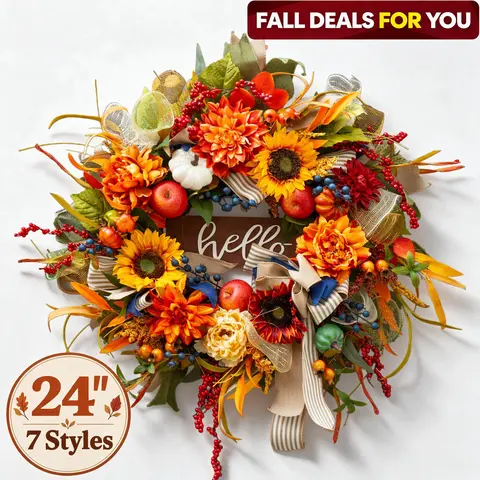 24-Inch Round Fall Wreath - UV-Resistant Artificial Floral Arrangement Door Hanger with Pumpkins, Berries, Leaves, Flowers for Front Door Decor, Halloween Accents, Farmhouse Fall Decor for Home