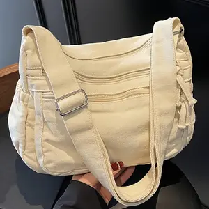 [Women's Shoulder Bag] Heavyweight washed large-capacity crossbody bag, with outstanding wear-resistance and wrinkle-resistance! Multiple layered pockets for easy storage of notebooks, umbrellas, and water bottles. The wide shoulder strap ensures comfort