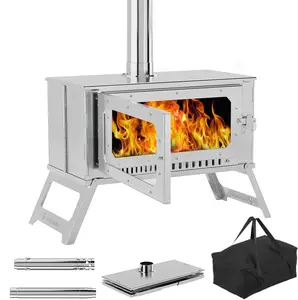 Large Camping Wood Stove, Portable Hot Tent Stove with 5 chimney pipes & 1 Carrying Bag, Stainless Steel Wood Burning Stove for BBQ, Heating, Boiling water, Cooking for Outdoor Camping