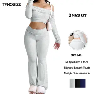 Women's 2-Piece Set Off Shoulder Long Sleeve Cropped Top & Pants Solid Color Sportswear Athletic Activewear Basic Silky Smooth Touch Womenswear ClothesGift