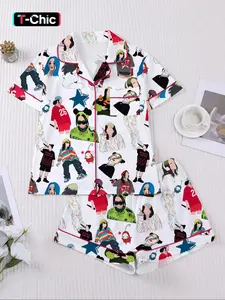 Women's Satin Print Pajama Loungewear Sleepwear Set, Short Sleeve Button-Up Top & Elastic Shorts, Casual Home Wear, Fashionable Daily Clothing