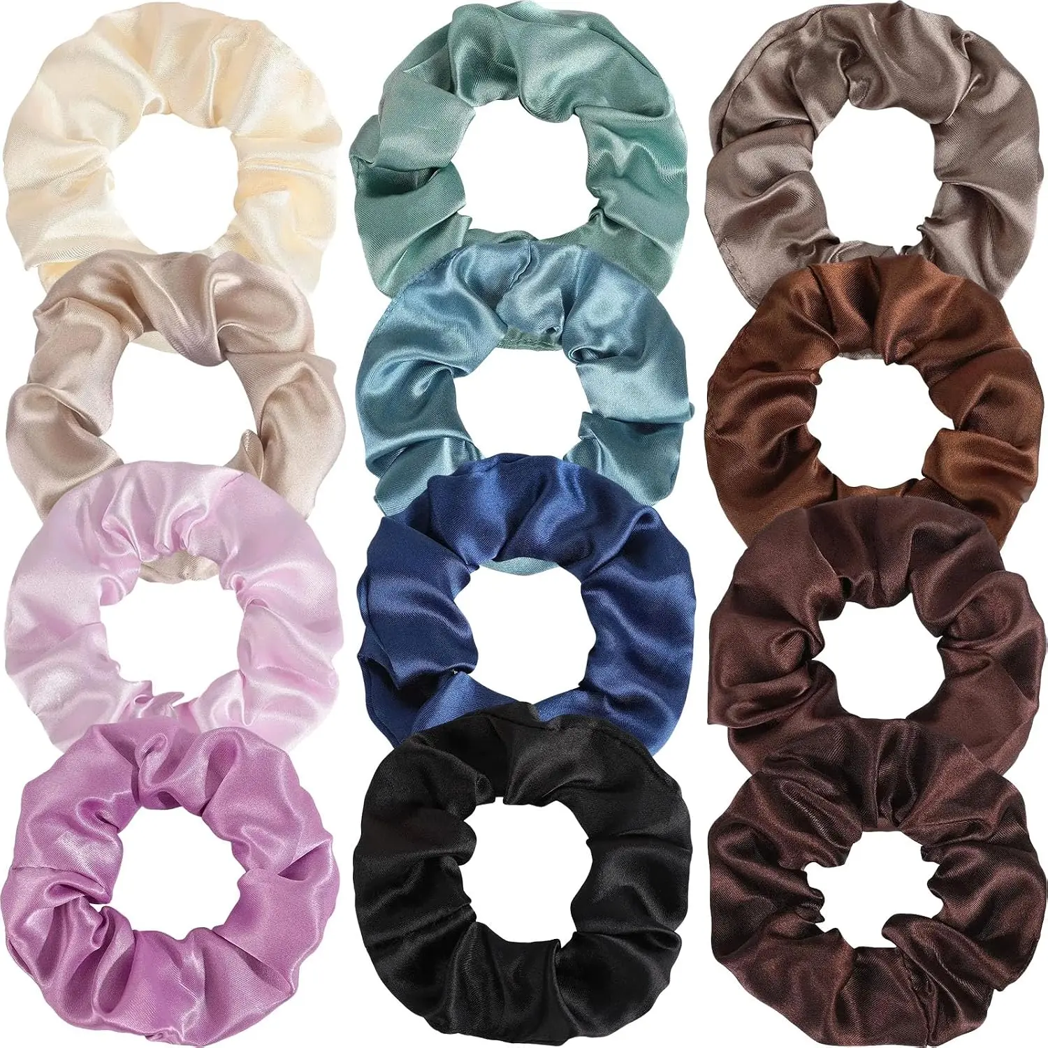 Women's 12-Pcs Satin Silk Scrunchies - Soft Thick Elastic Ponytail Holders, Hair Bands & Wrist Bracelet Accessories with Assorted Colors