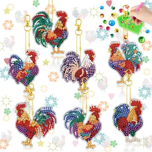 7-piece DIY diamond painting keychain, 5D diamond rooster art pendant, handmade art decoration, includes tool kit and key chain, suitable for adults.