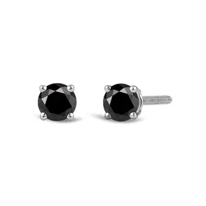Classic Round Natural Black Diamond Four Prong Stud Earrings