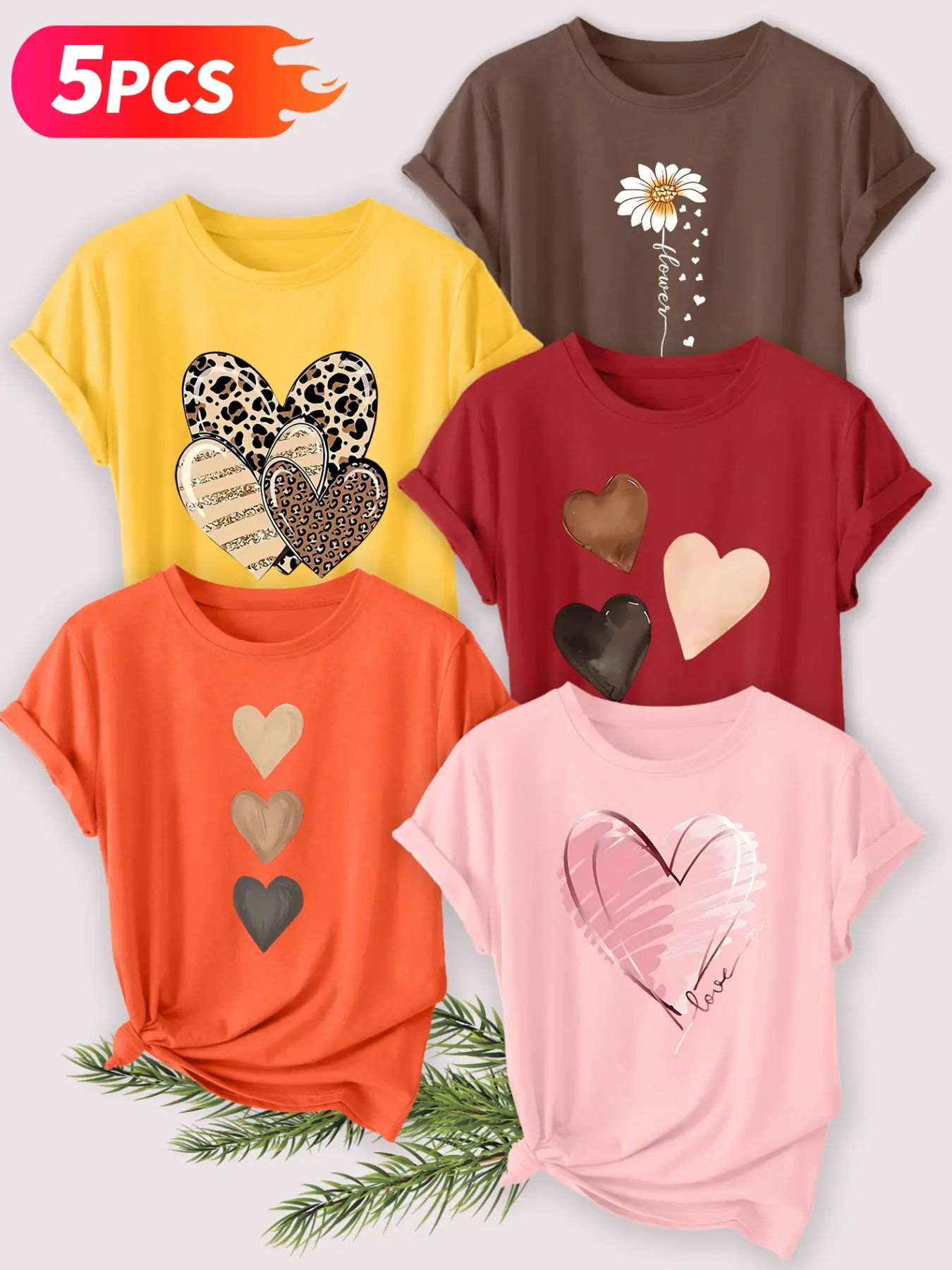 5Pcs Women's Crew Neck T-Shirts, Daisy, Heart & Love Print Set, Multiple Colors Available, Machine Washable, Spring & Summer Tops, Soft Skin-Friendly Fabric, Daily Versatile, Casual Fashion Design