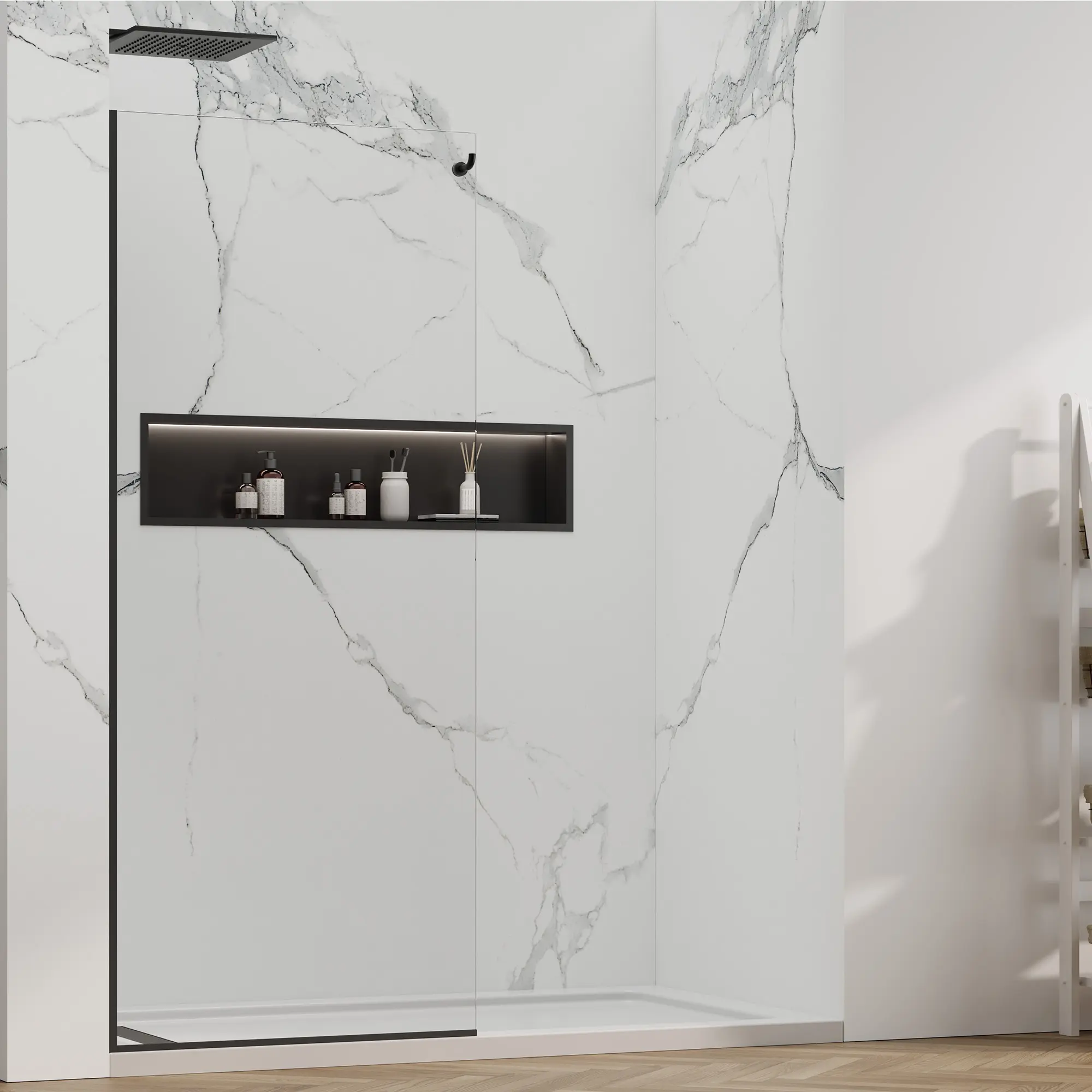 Shower Screen 32" x 76" Half Frameless Shower Wall Panel, Tempered Glass 3/8 inch, Easy to clean Coating, Fixed Glass Shower Door with Hardware (Brushed Gold)) Curtain Window Matte Black