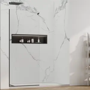 Shower Screen 32" x 76" Half Frameless Shower Wall Panel, Tempered Glass 3/8 inch, Easy to clean Coating, Fixed Glass Shower Door with Hardware (Brushed Gold)) Curtain Window Matte Black