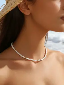 1 Bohemian style white glass bead necklace, gold bead shell decoration collarbone chain, summer seaside vacation accessory, summer romance with shells and gold beads, Beach Boho Necklace