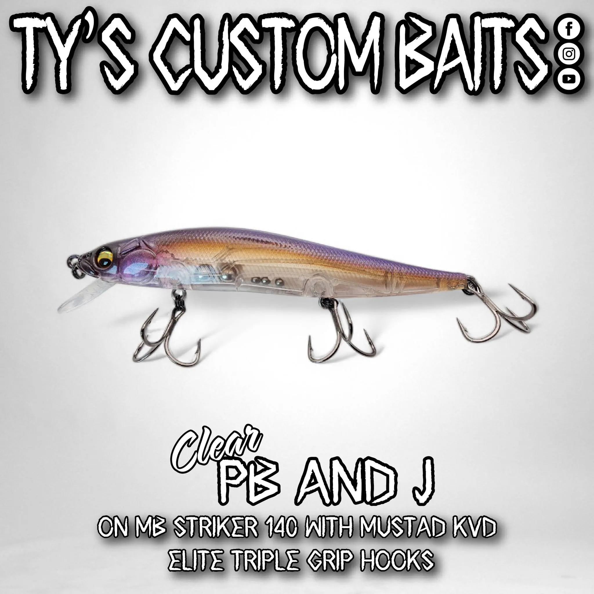 Ty's Custom Baits Clear PB and J on MB Striker 140 with Mustad KVD Elite Triple Grip Hooks Fishing Lure