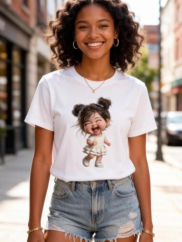 Women's Fitted Lightweight Short-Sleeve Cotton Crew Neck T-Shirt - Double Messy Buns Laughing Chibi Girl White Skirt Cartoon Graphic, Cropped Kawaii Streetwear Top, Machine Washable, No Bleach/Dry Clean, Soft Detergent Wash, Thanksgiving