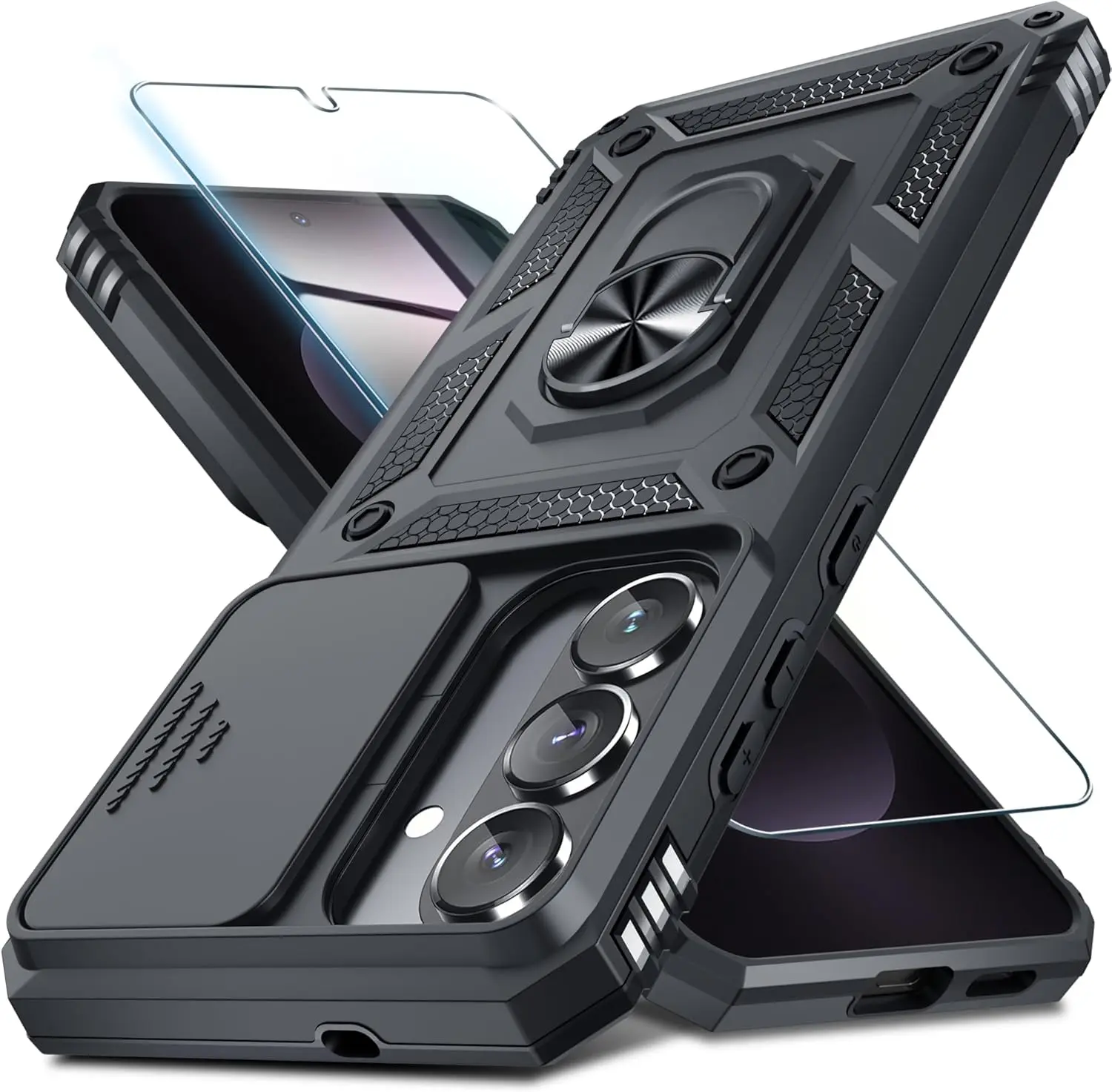 Samsung Galaxy S26 Case Built in Slide Camera Lens Cover+Screen Protector+Finger Ring Holder Kickstand,Heavy Duty Shockproof Full Body Phone Cover,2026 Black